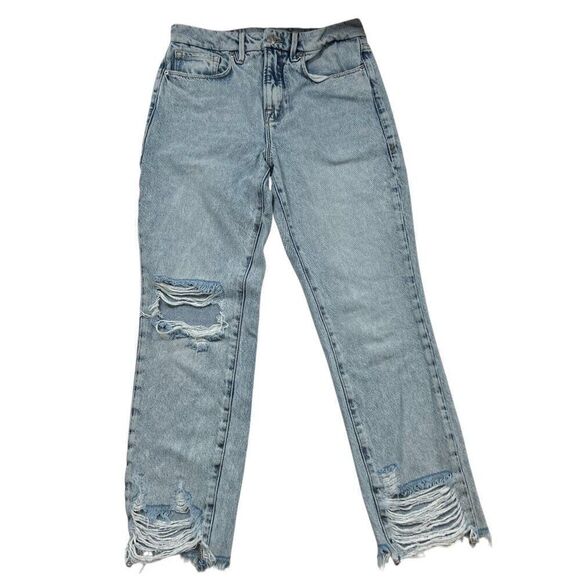 Good American Good Classic Slim Straight Jeans Light Wash Distressed Hem Size 26 - Picture 1 of 7